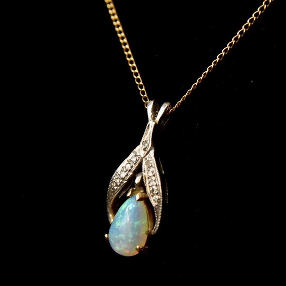 Diamond Encrusted 14K Opal Teardrop Pendant Neckl… - image 6