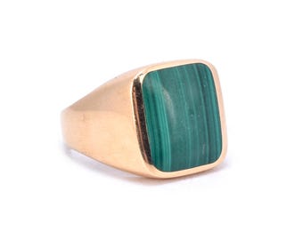 Anillo de sello vintage de malaquita en oro de 14 quilates - Joyería masculina de mediados de siglo - Talla 10 1/2