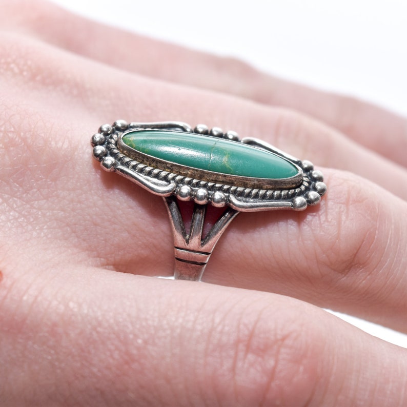 Native American Sterling Silver Turquoise Marquise Ring, Southwestern Jewelry, Size 8 US image 10
