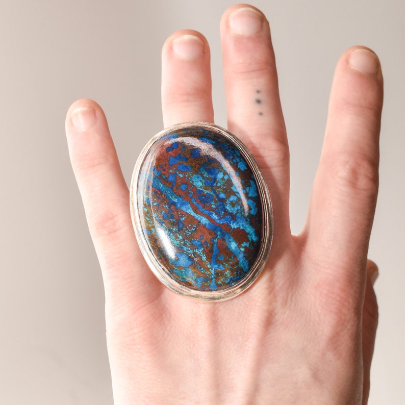Huge Sterling Silver Cabochon Statement Ring, Chunky Blue Matrix Gemstone, Size 7 3/4 US image 3