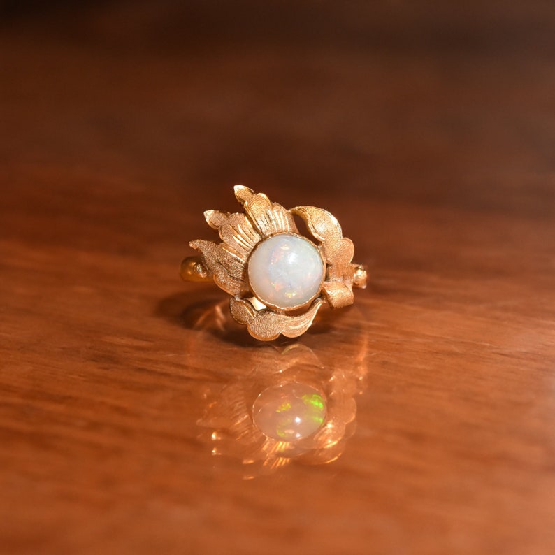 18K Opal Cocktail Ring In Yellow Gold, Asymmetric Leaf Setting, Estate Jewelry, Size 8 1/2 US image 1