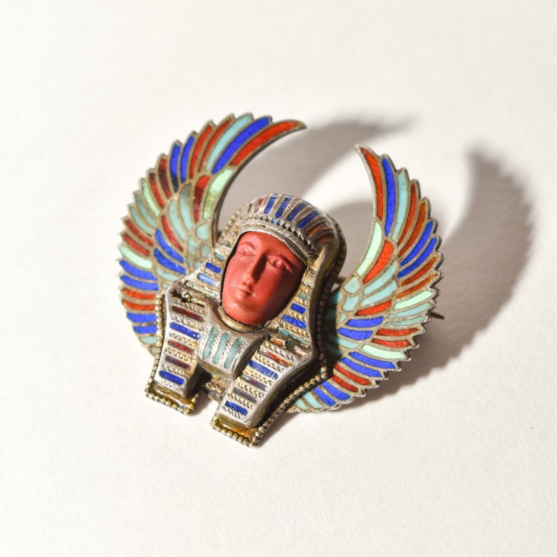 Egyptian Revival Enamel Brooch Pin, Colorful Winged Pharaoh Pin, Vintage Jewelry, 1.25 image 2