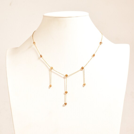 Elegant 14K Citrine Station 3-Tassel Choker Necklace, Minimalist Bezel-Set Drop Necklace, Ladies Gold Chain, 16" L