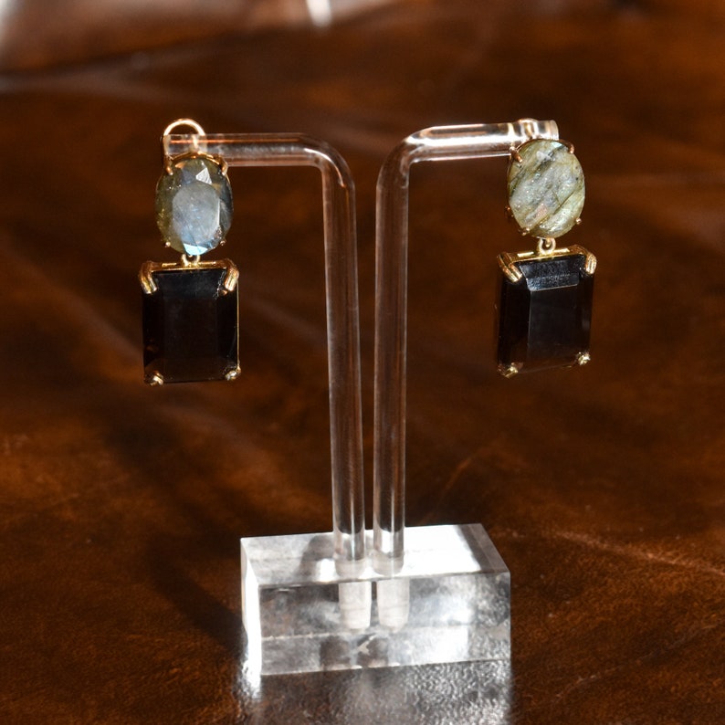 Labradorite & Smoky Quartz Dangle Earrings, Gilt Bronze/Sterling Silver Omega Backs, Gemstone Jewelry, 40mm image 5