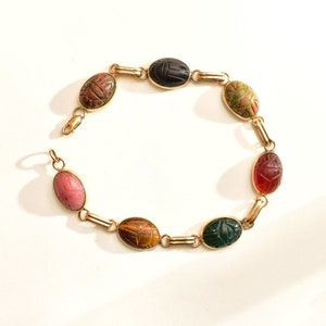 14K Yellow Gold Scarab Bracelet: Multi-Stone Egyptian Revival