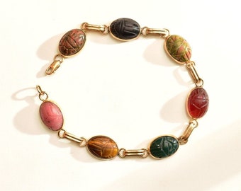 14K Scarab Bracelet, Carved Multi-Stone Link Bracelet, Natural Gemstones, Yellow Gold, Egyptian Revival, 8 1/8&quot; L