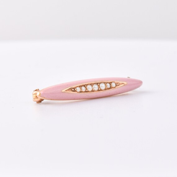 Antique 14K Pink Enamel Seed Pearl Diaper Pin, Mi… - image 3