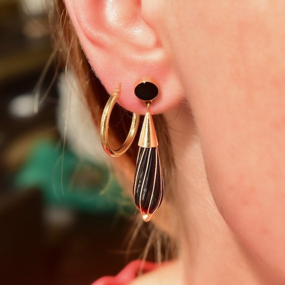 Art Deco Style 14K Black Onyx Teardrop Dangle Stud Earrings, Elegant Formal Earrings, 585 Yellow Gold, 42mm