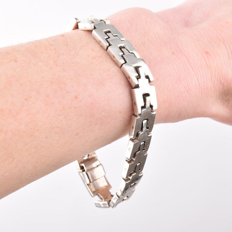 Mexican Sterling Silver Link Bracelet, Heavy Articulated Chain, Unisex Bracelet, 8.25 L image 4