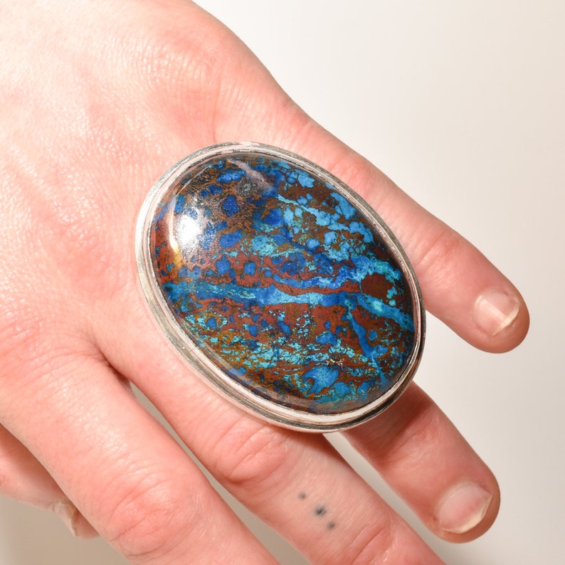 Huge Sterling Silver Cabochon Statement Ring, Chunky Blue Matrix Gemstone, Size 7 3/4 US image 6