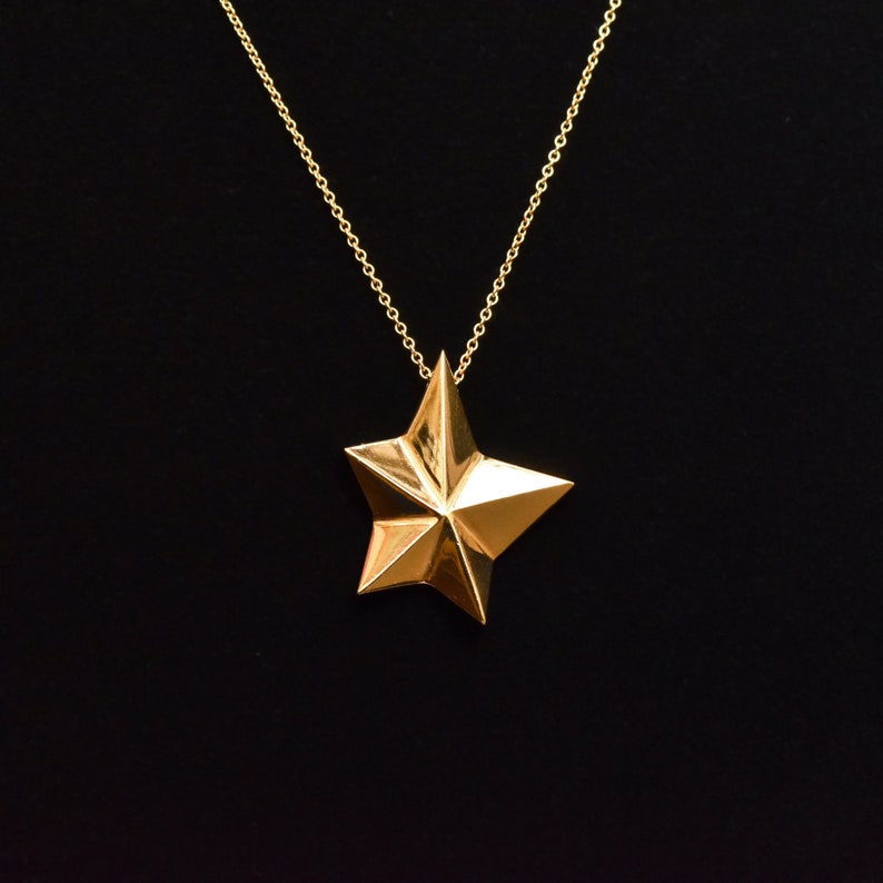 14K Gold Star Pendant Necklace, Asymmetric 5-Pointed Star, 1mm Cable Chain, Christmas Gift, 18.5 L image 8