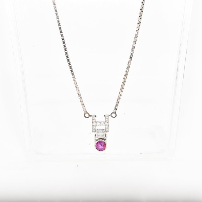Italian 14K White Gold Pink Sapphire Diamond Pendant Necklace, 2mm Box Chain, Estate Jewelry, 18.5 L image 3