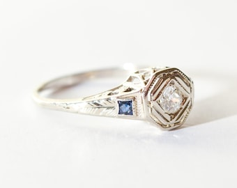 Antieke 14K Diamond Sapphire filigraan verlovingsring, oud-mijn geslepen, bloemmotieven, landgoed sieraden, 5 3/4 US