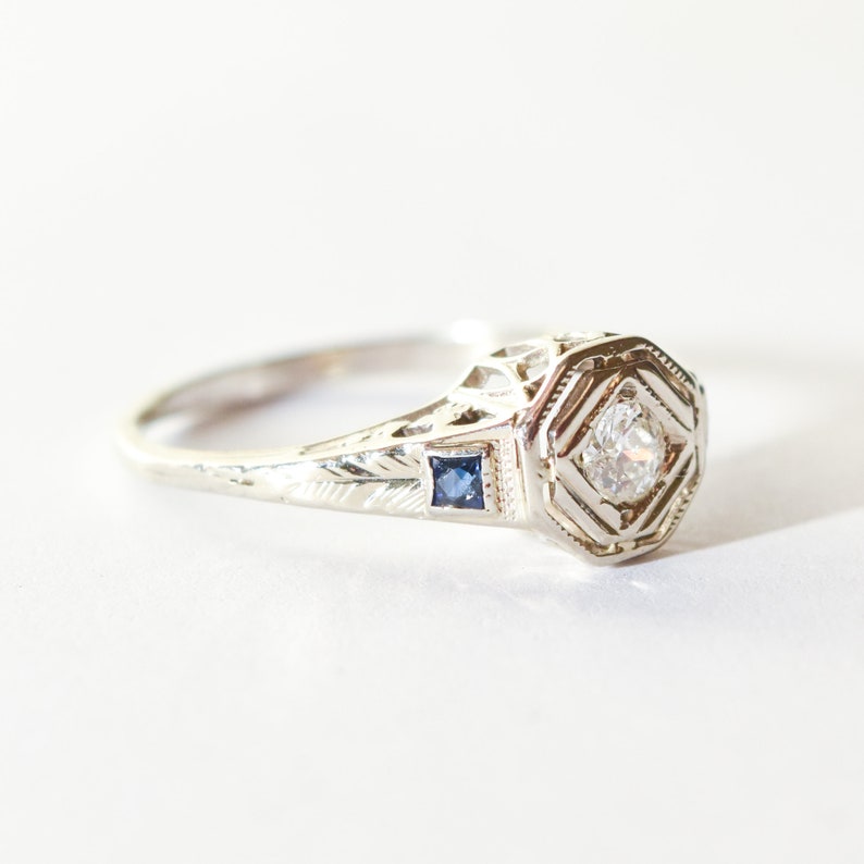 Antique 14K Diamond Sapphire Filigree Engagement Ring, Old-Mine Cut, Floral Motifs, Estate Jewelry, 5 3/4 US image 1