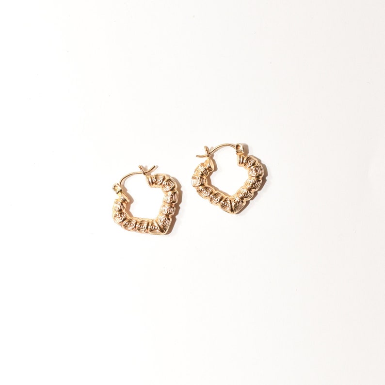 14K Textured Heart-Shaped Hoops In Yellow Gold, Cute Small Gold V-Shaped Earrings, Valentines Day Gift image 1