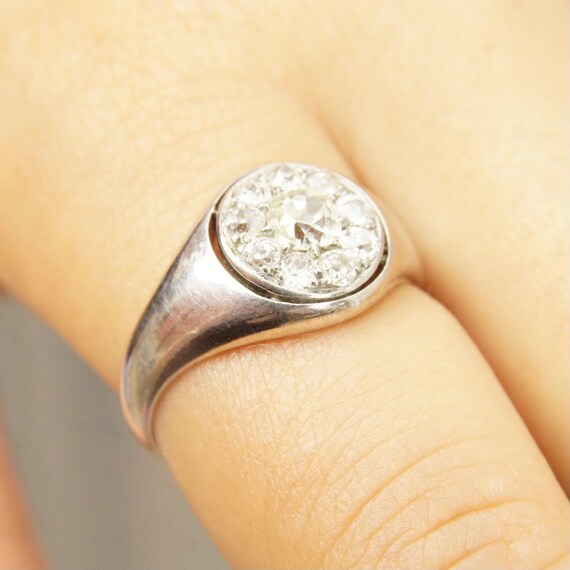 Antique 14K Diamond Cluster Ring, .9375 TCW, Men's Diamond Signet Ring, Size 9 3/4 US