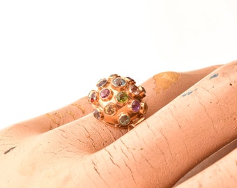 Multi-Gemstone Sputnik Ring In 18K Yellow Gold, Modernist Colorful Bombe Dome Ring, Estate Jewelry, 5 3/4 US