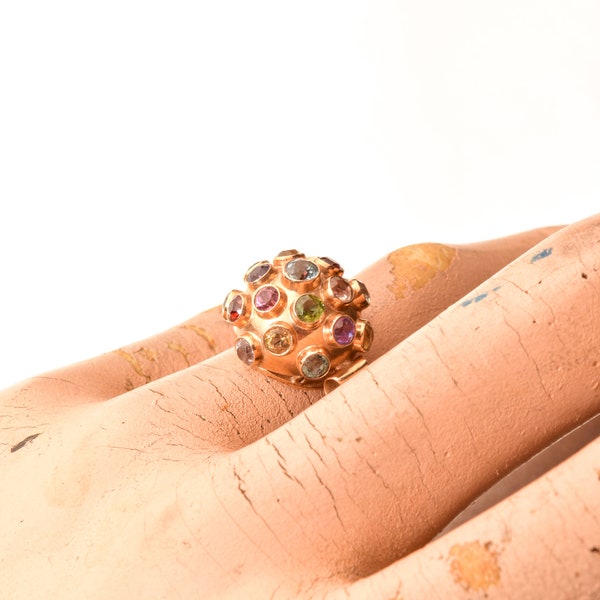 Multi-Gemstone Sputnik Ring In 18K Yellow Gold, Modernist Colorful Bombe Dome Ring, Estate Jewelry, 5 3/4 US