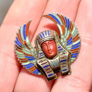 Egyptian Revival Enamel Brooch Pin, Colorful Winged Pharaoh Pin, Vintage Jewelry, 1.25 image 7