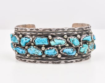 Native American Natural Turquoise Cluster Cuff In Sterling Silver, Old Pawn Jewelry, 5.75" L