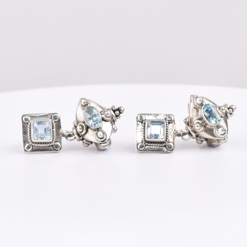 Bali-Style Sterling Silver Blue Topaz Earrings, Small Chunky Pierced Dangle Earrings, 1.25 L image 2