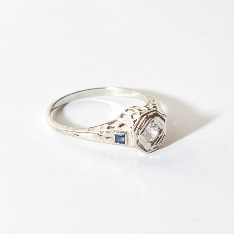 Antique 14K Diamond Sapphire Filigree Engagement Ring, Old-Mine Cut, Floral Motifs, Estate Jewelry, 5 3/4 US image 3