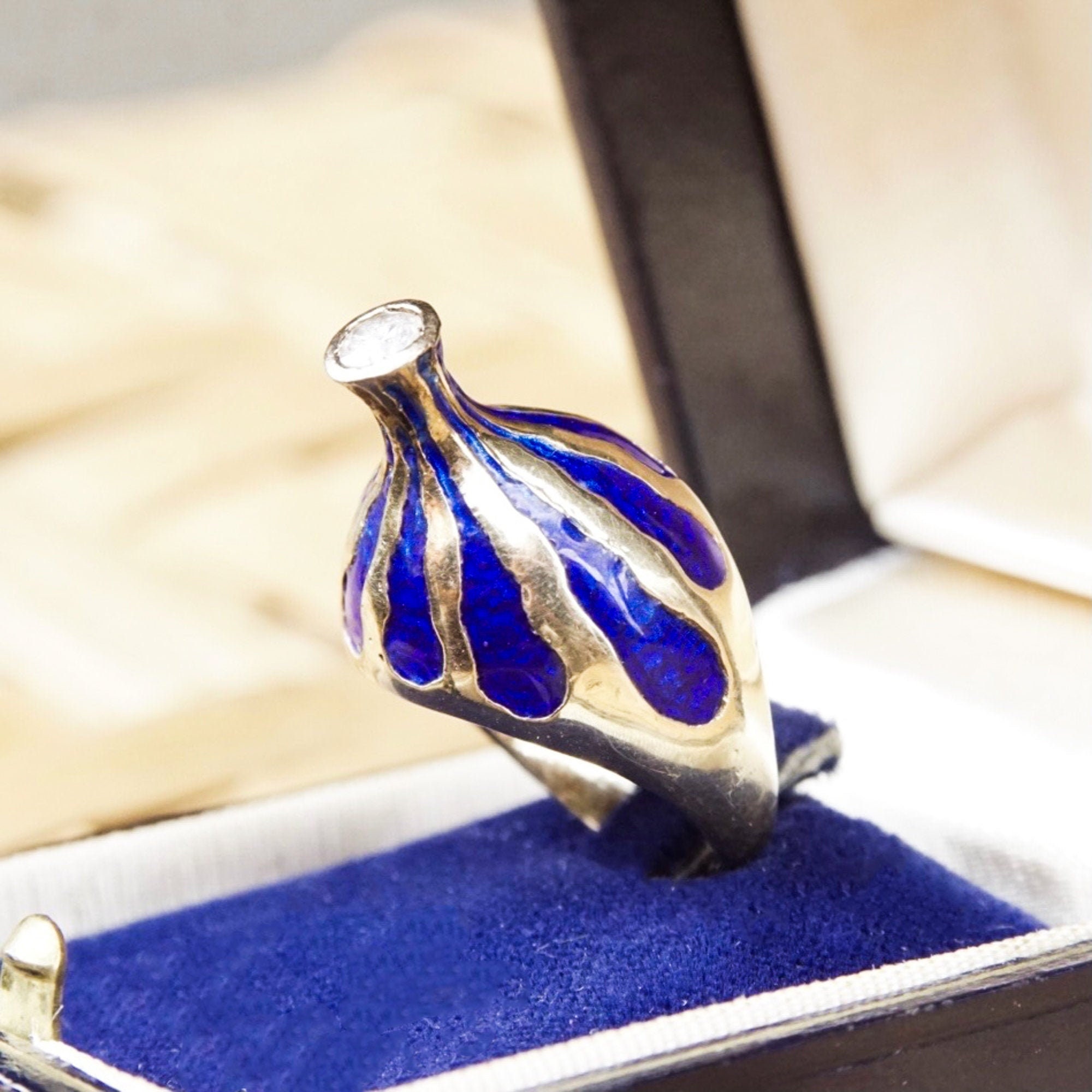 Cobalt Blue Enamel Diamond Dome Ring In 14K Yellow Gold, Estate Diamond Solitaire Ring, One Of A Kind, 5 1/2 US