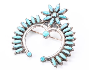 Spilla vintage Zuni Petit Point a ferro di cavallo in argento sterling con turchese, 45 mm