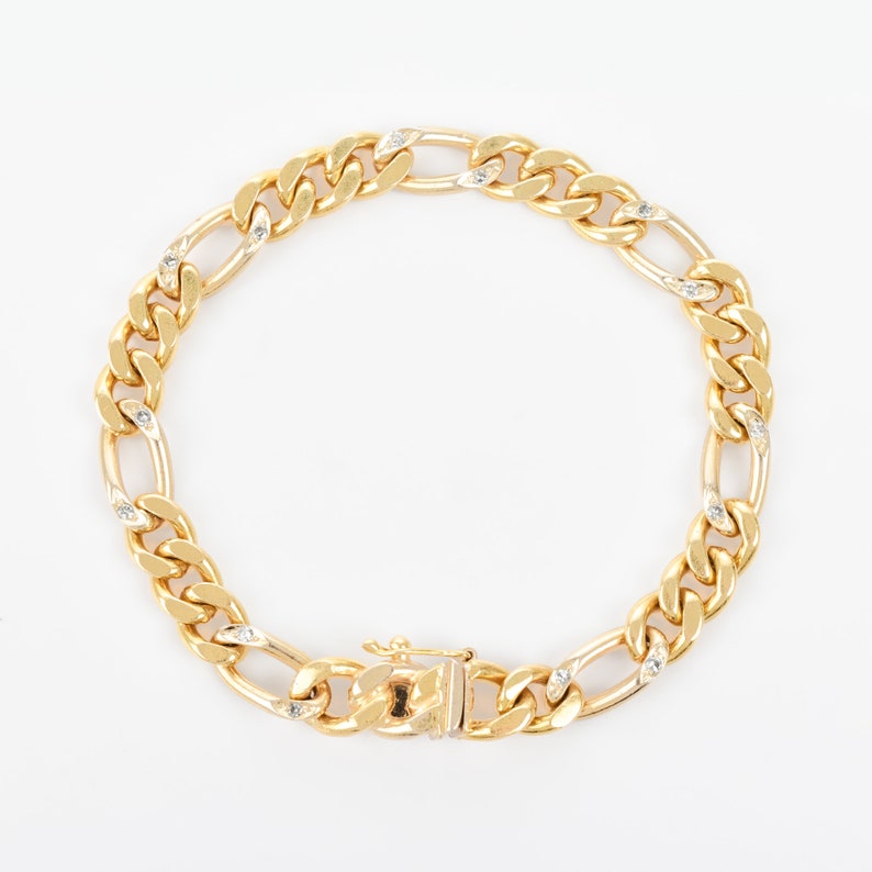 Solid 18K Diamond Figaro Bracelet In Yellow Gold, Modernist Gold Link Bracelet, Estate Jewelry, 7 L image 4