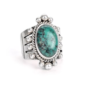 Vintage Albert Jake Navajo Sterling Silver and Turquoise Ring, Large Native Turquoise Ring, Silver and Green Turquoise Ring, Size 5 1/4