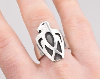 Modernist Sterling Silver Thunderbird Ring, Carved Designs, Native American Jewelry, Size 8 1/2 US