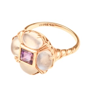 Moonstone Amethyst Flower Ring In 14K Yellow Gold, Estate Jewelry, Size 5 1/4 US image 6