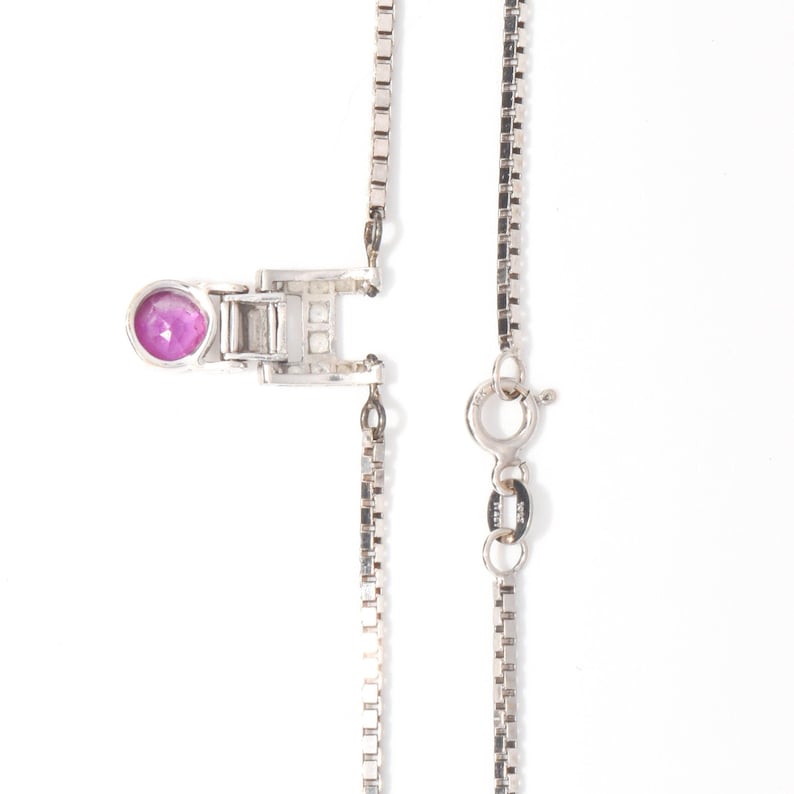 Italian 14K White Gold Pink Sapphire Diamond Pendant Necklace, 2mm Box Chain, Estate Jewelry, 18.5 L image 10