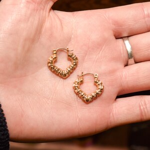 14K Textured Heart-Shaped Hoops In Yellow Gold, Cute Small Gold V-Shaped Earrings, Valentines Day Gift image 8