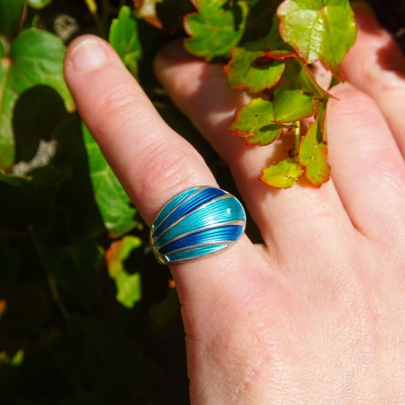 David Andersen Sterling Silver Blue Enamel Dome Ring, Norwegian Modernist 925S Wrap Ring, Adjustable, Size 5-7 US
