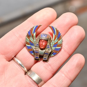 Egyptian Revival Enamel Brooch Pin, Colorful Winged Pharaoh Pin, Vintage Jewelry, 1.25 image 3