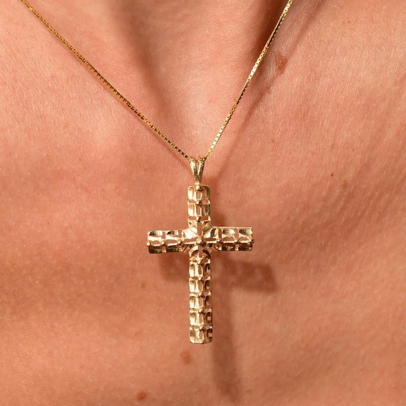 Modernist 14K Diamond-Cut Cross Pendant, Textured Yellow Gold Cross With Cutout Details, Religious Jewelry, 42mm