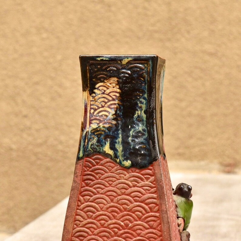 Sumida Gawa Japanese Pottery, Asakusa Pottery, Antique Hand-Carved Fish Scale, Glazed Ceramic Figural Vase, Mushroom Foraging Scene, 8.25 image 5