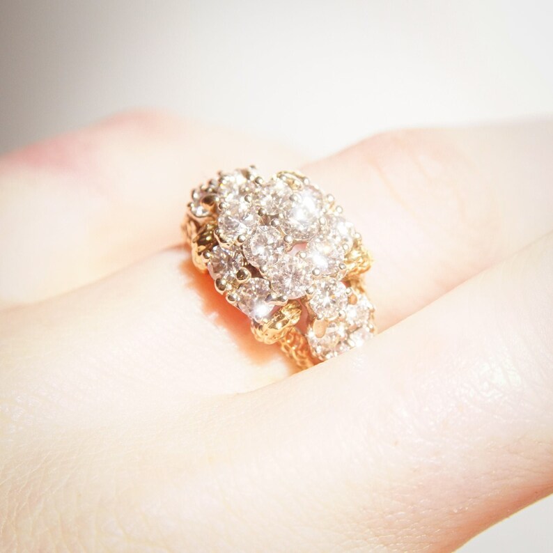 Estate 14K Diamond Cluster Bombe Ring, 2.25 TCW, Stippled Yellow Gold Band, Vintage Engagement Ring, 7 US image 2