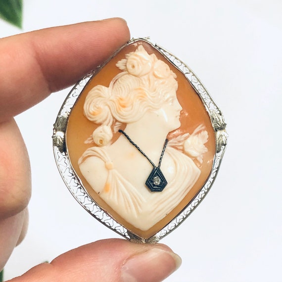 Vintage Gold Cameo, White Gold Cameo, Diamond Came