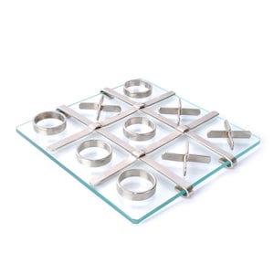 Vintage 1970s Glass and Steel Tic-Tac-Toe Board and Pieces