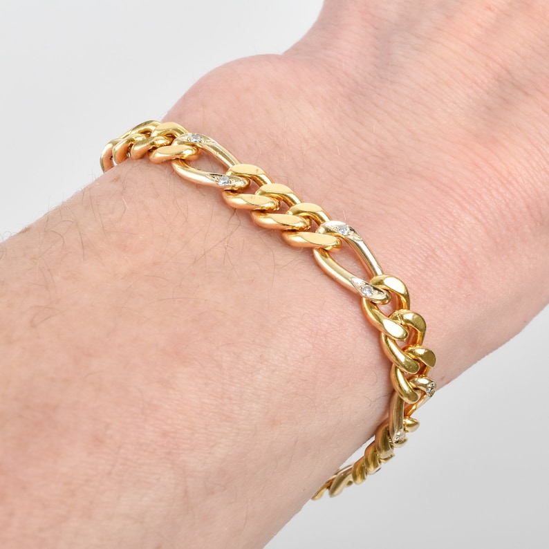 Solid 18K Diamond Figaro Bracelet In Yellow Gold, Modernist Gold Link Bracelet, Estate Jewelry, 7 L image 8