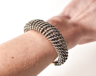 Modernist Sterling Silver Woven Cuff Bracelet, Flexible Puffed Chain Link Cuff, 5"