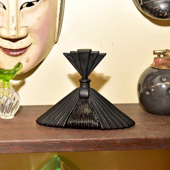 Vintage Black Satin Glass Art Deco Perfume Bottle by Silvestri, Beautiful Decorative Perfume Bottle W/ Matching Stopper, Fan Design, 4" H