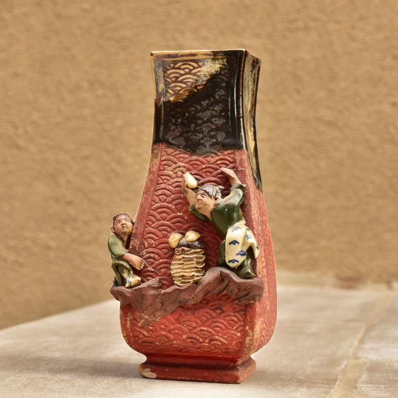 Sumida Gawa Japanese Pottery, Asakusa Pottery, Antique Hand-Carved Fish Scale, Glazed Ceramic Figural Vase, Mushroom Foraging Scene, 8.25 image 2