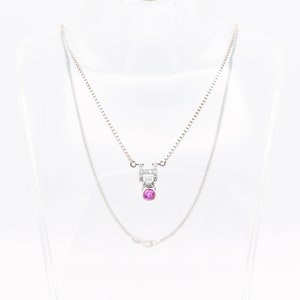 Italian 14K White Gold Pink Sapphire Diamond Pendant Necklace, 2mm Box Chain, Estate Jewelry, 18.5 L image 2