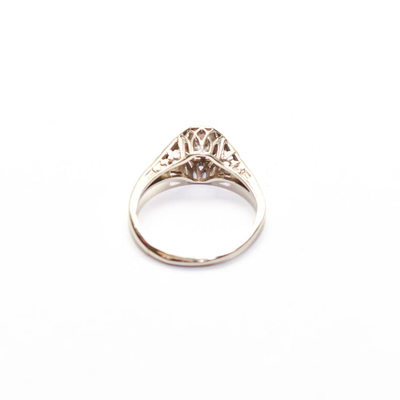 Antique 14K Diamond Sapphire Filigree Engagement Ring, Old-Mine Cut, Floral Motifs, Estate Jewelry, 5 3/4 US image 8