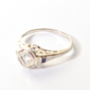 Antique 14K Diamond Sapphire Filigree Engagement Ring, Old-Mine Cut, Floral Motifs, Estate Jewelry, 5 3/4 US image 10