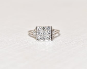 Edwardian Revival Platinum Diamond Grid Ring, .36 TCW, Square Cluster Ring, Estate Jewelry, Size 7 US