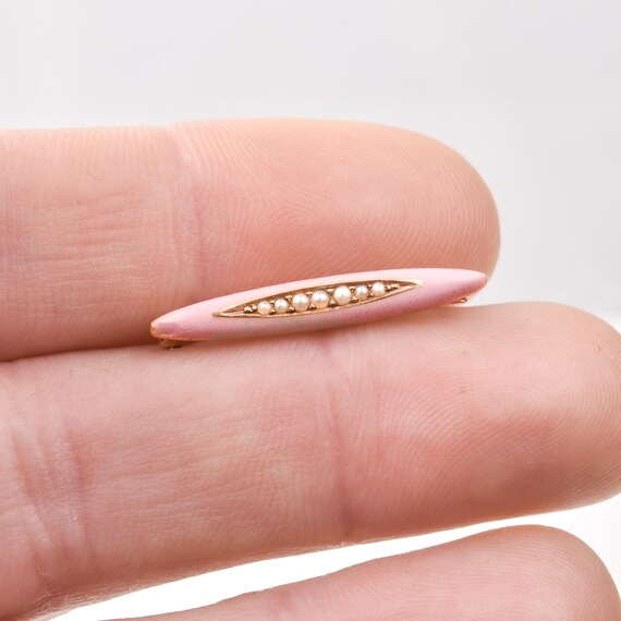 Antique 14K Pink Enamel Seed Pearl Diaper Pin, Mi… - image 4